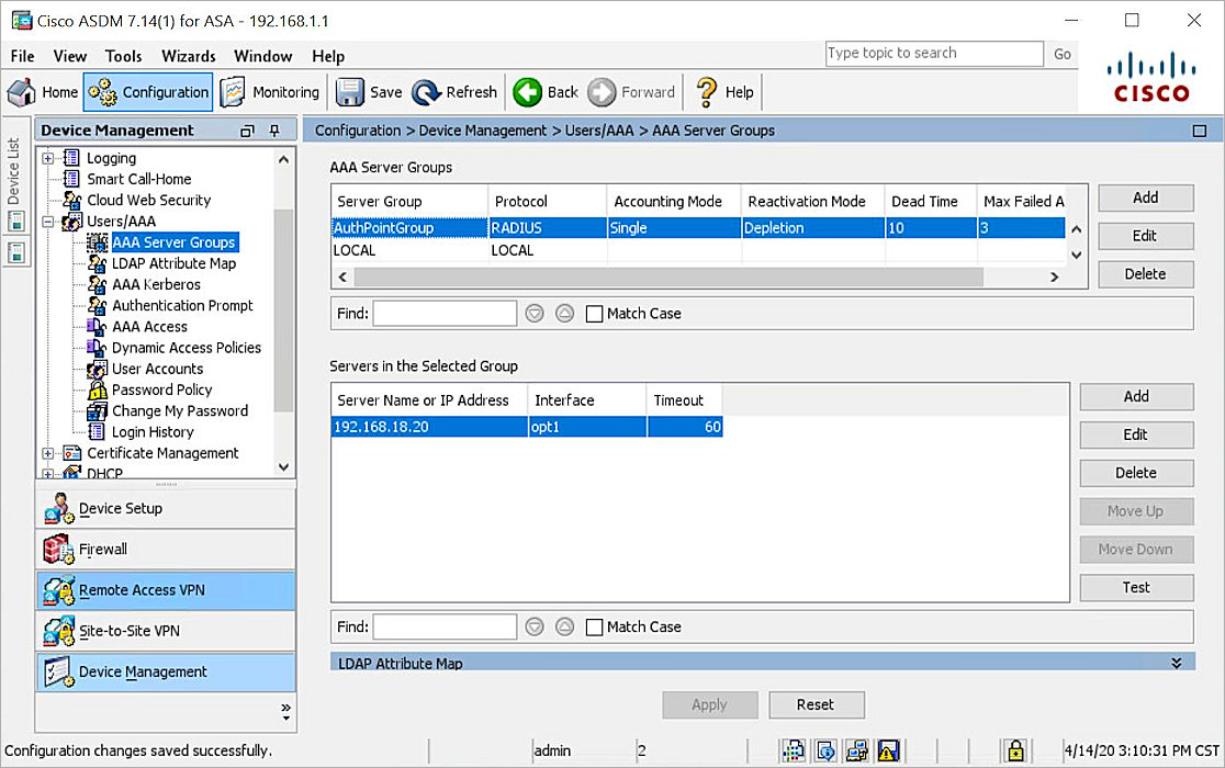 Screenshot of the configured RADIUS server